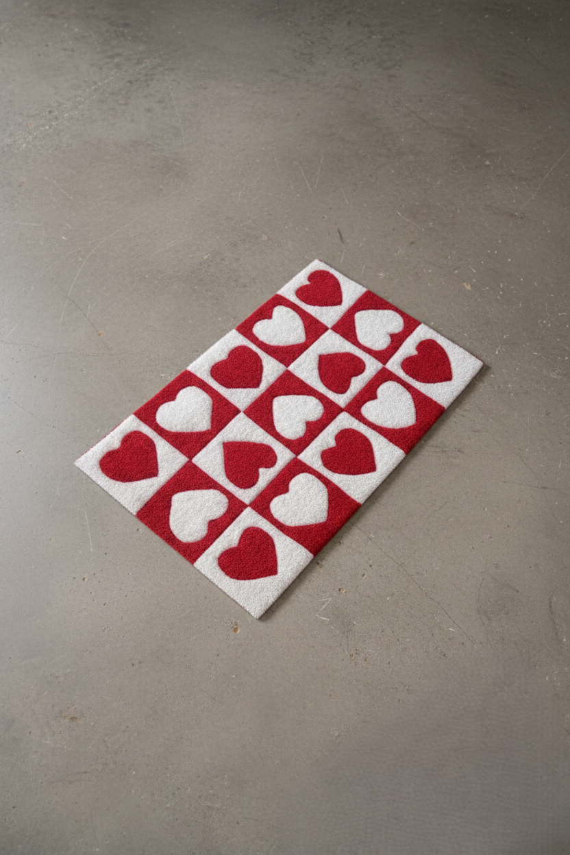 Red & White Heart Checkered Rug