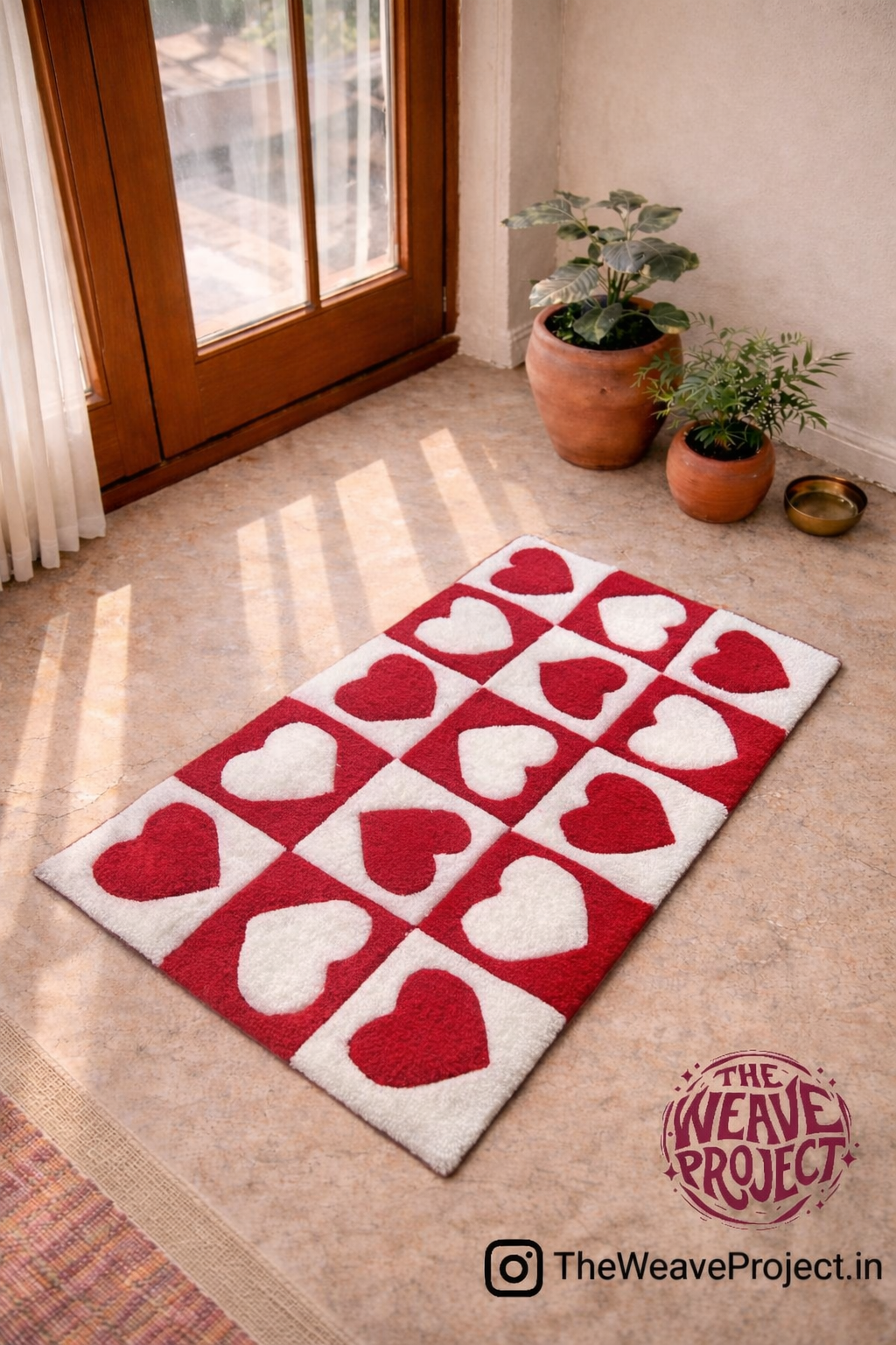Red & White Heart Checkered Rug