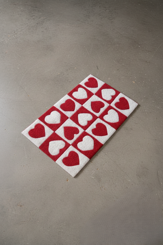 Red & White Heart Checkered Rug
